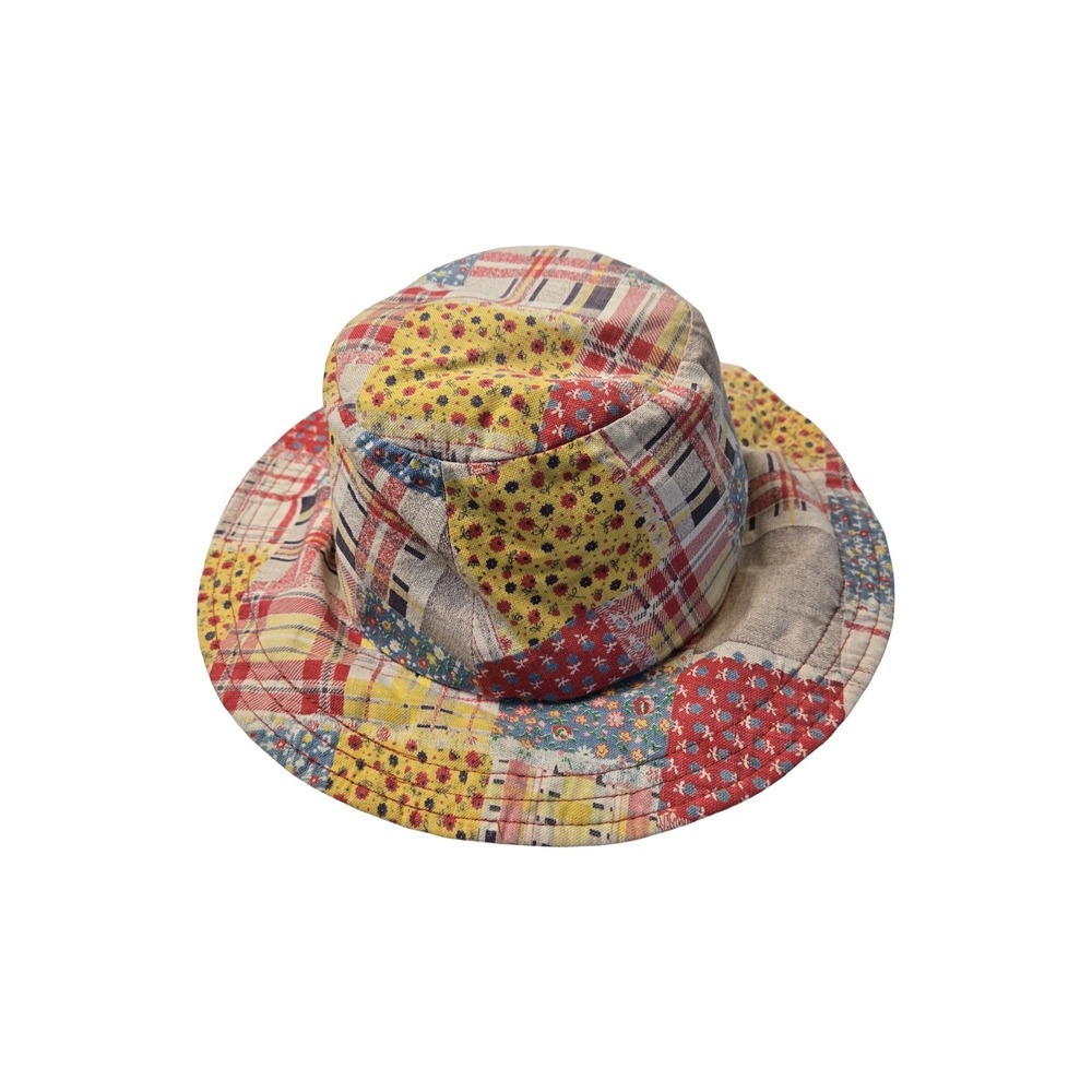 Vintage 60s 70s Patchwork Bucket Sun Hat Multi Color Floral Plaid Hippy Groovy